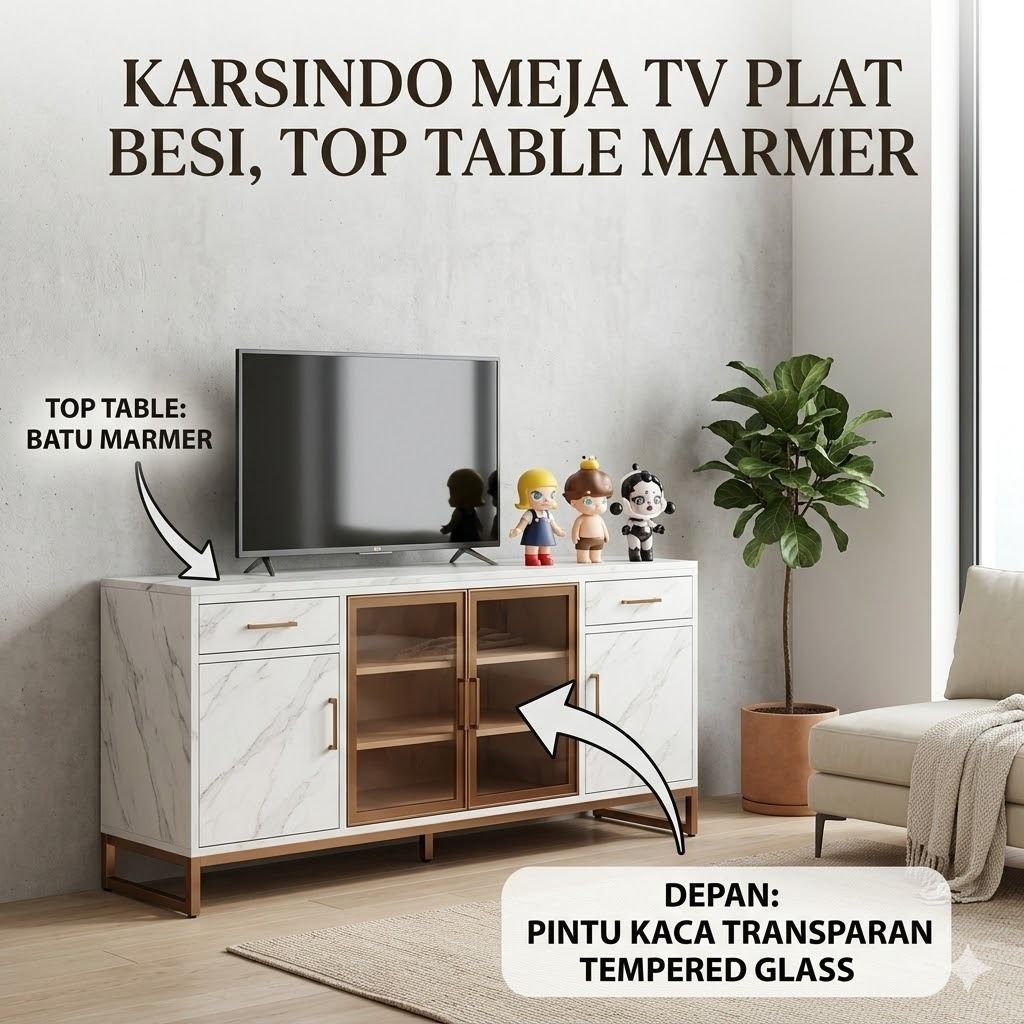 Karsindo Meja TV Plat Besi Batu Marmer Rak Tv Besi Buffet TV Pelat Besi Bupet TV Plat Besi Meja Tv M