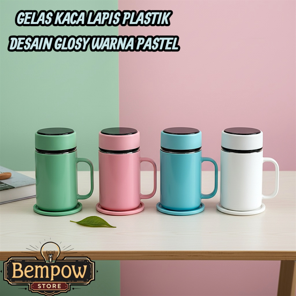 Gelas Kaca Termos Glosy 500ml Dengan Pegangan || Gelas Minum Kaca Lucu Warna Pastel || Mug Kaca Port