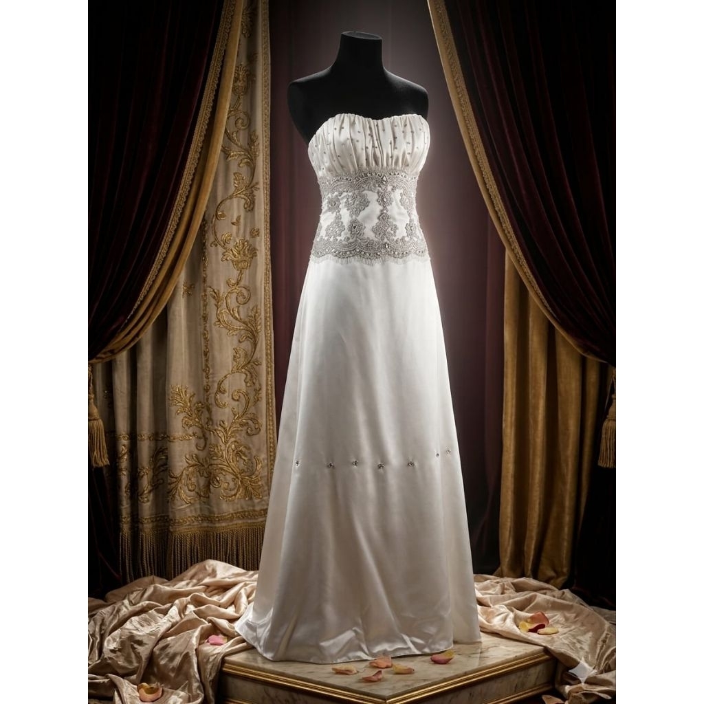 Gaun Pesta Preloved Premium - Elegant Off-White Strapless Gown Satin Mewah
