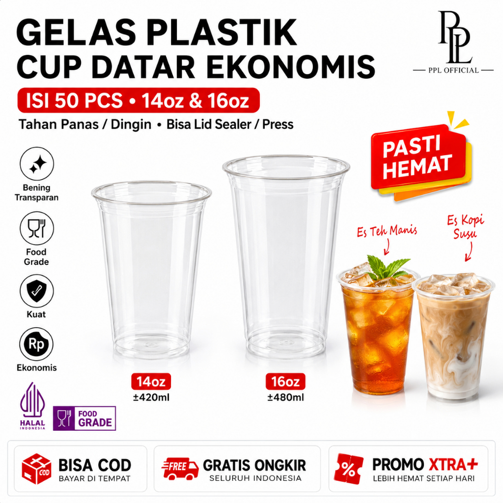 [50 PCS] 1 PACK Gelas Plastik 14 oz|16oz DATAR 450 ml | Gelas Plastik ES | CUP 14oz dan 16oz DATAR 1