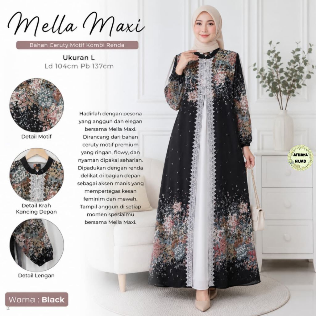 MELLA DRESS GAMIS CERUTY MIX RENDA MOTIF BUNGA CANTIK ELEGAN BY ATHAYA
