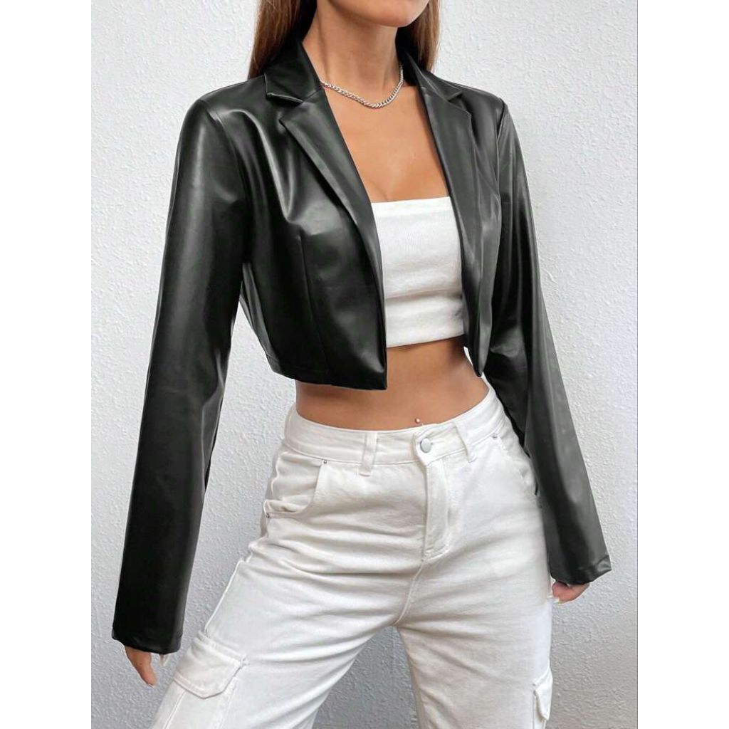Cropped Blazer PU Leather Wanita | Jacket Leather
Korean Style Y2K