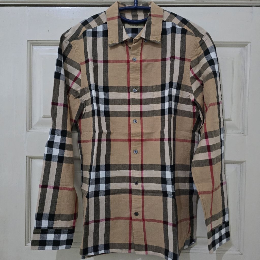 Burberry London nova check linen-cotton blend long sleeved button-down shirt kemeja lengan panjang p
