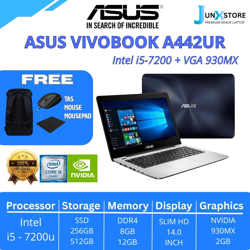 Laptop ASUS Vivobook A442UR X442UR Intel Core i5-7200u RAM 12GB SSD 512GB 14 VGA GT930MX 2GB Win10 O
