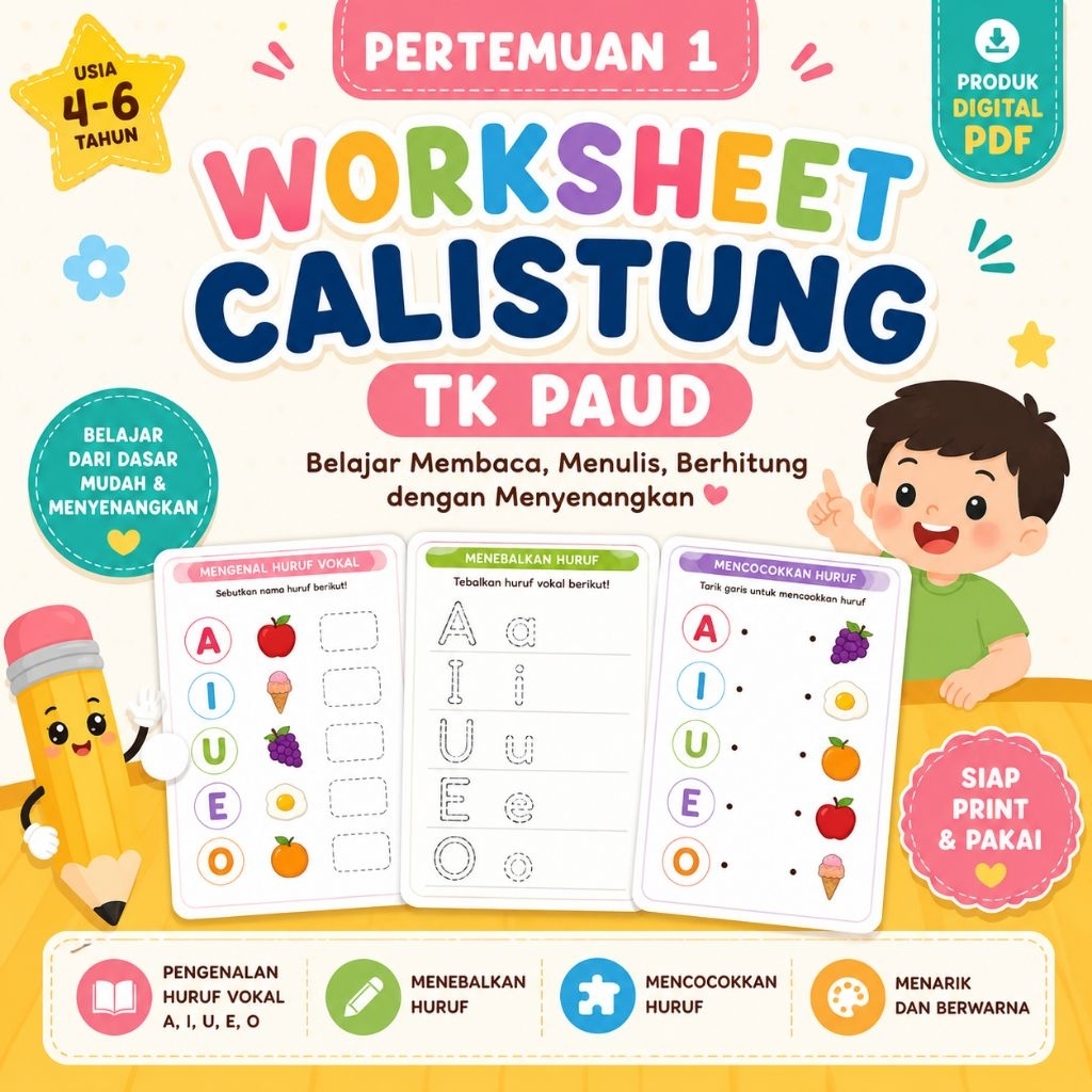 Worksheet Calistung TK PAUD PDF Pertemuan 1