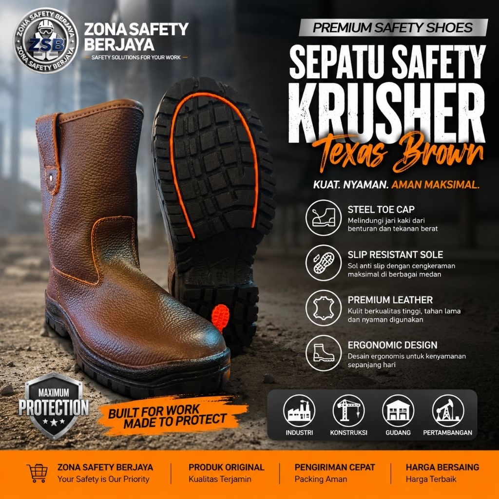 Sepatu Safety Krushers Texas Brown Original - Safety Shoes Krushers
