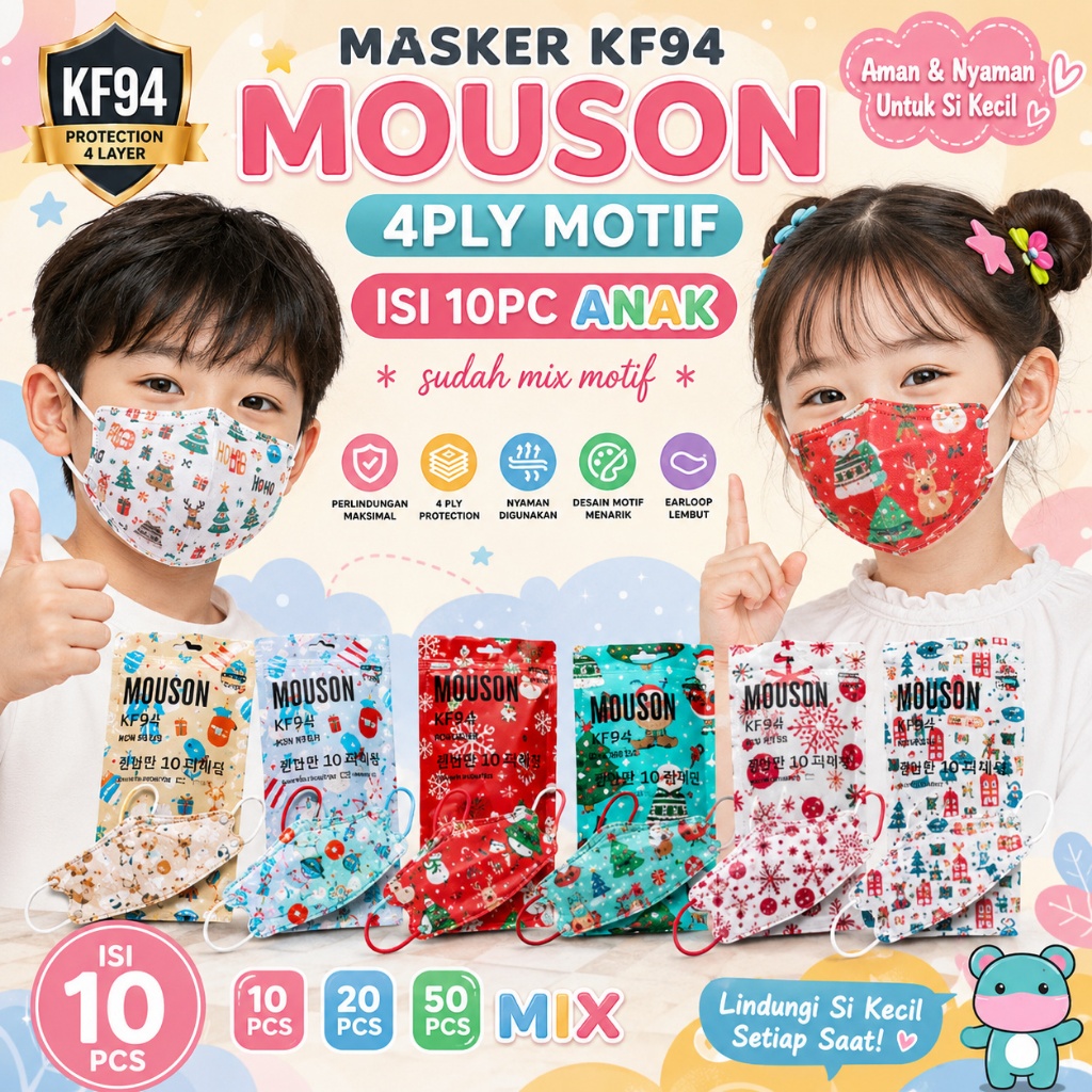 MASKER KF94 ANAK KIDS KF94 MOUSON EMBOS ISI 10 / 20 / 50pcs - MASKER KF94 ANAK MOUSON CHILD EDISI MO