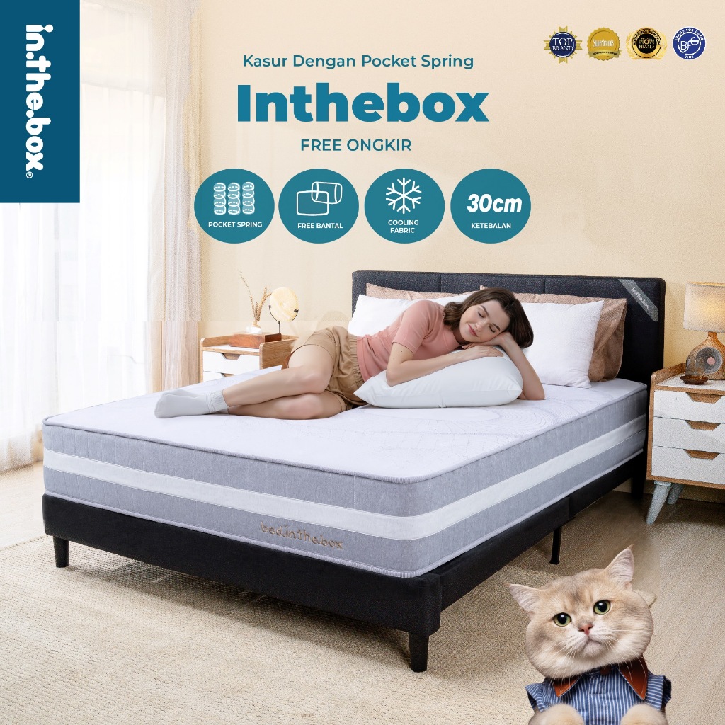 Bed IN THE BOX Kasur Spring Bed 30 cm Sensasi Dingin Sistem Pegas Pocket Spring FREE Bantal FREE Ong