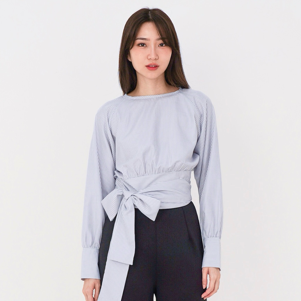 MODEVA - Paloma Stripe Wrap Top | Baju Lengan Panjang Atasan Wanita Blouse Wanita