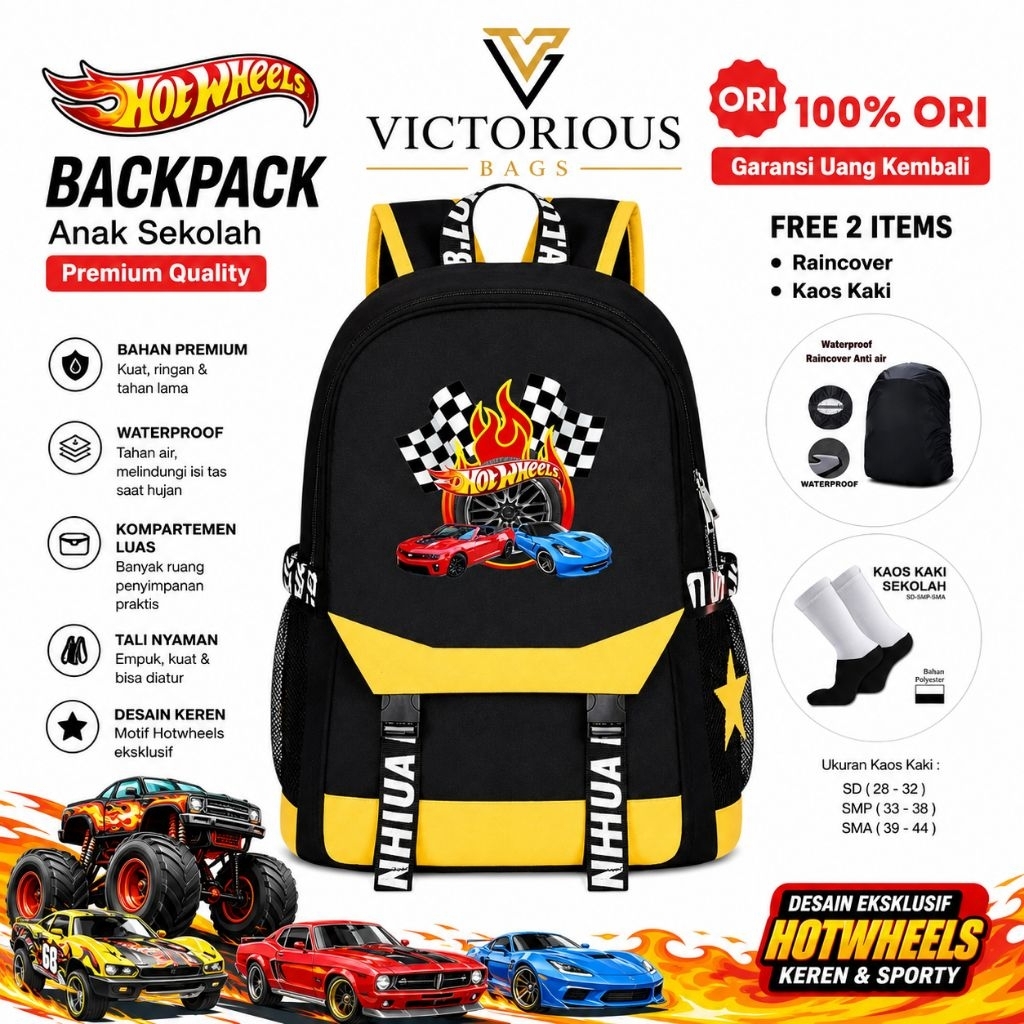 Tas Ransel Anak Sekolah TK-SD Karakter [[  MOBIL HOT WHEELS ]] Keren Kekinian - Tas Ransel Anak BACK
