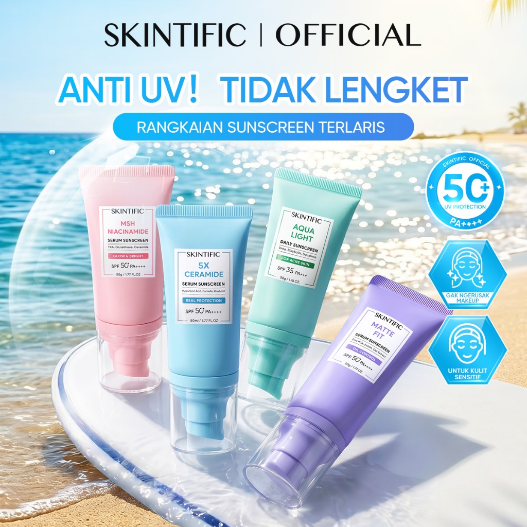 SKINTIFIC Sunscreen SPF50+ PA++++ UV Shield | Oil Control Matte Fit Bright Fit 5X Ceramide Light Serum Brightening | Sunblock Wajah Cepat Menyerap Anti Kusam