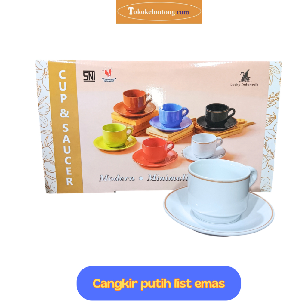 Cangkir set keramik list emas isi 6pcs cangkir dan piring warna putih elegan dan mewah