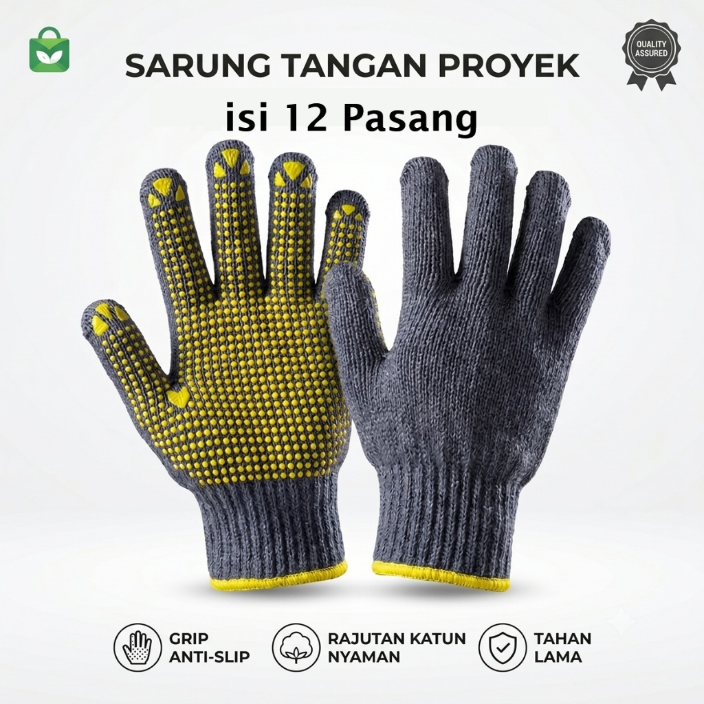isi 12 Pasang Sarung tangan rajut bintik kuning abu Yukinawa kerja proyek safety anti slip bengkel mekanik motor kebun industri apd pelindung jari katun benang murah grosir bangunan material mesin aman kuat kasar grip karet las angkut barang perkakas