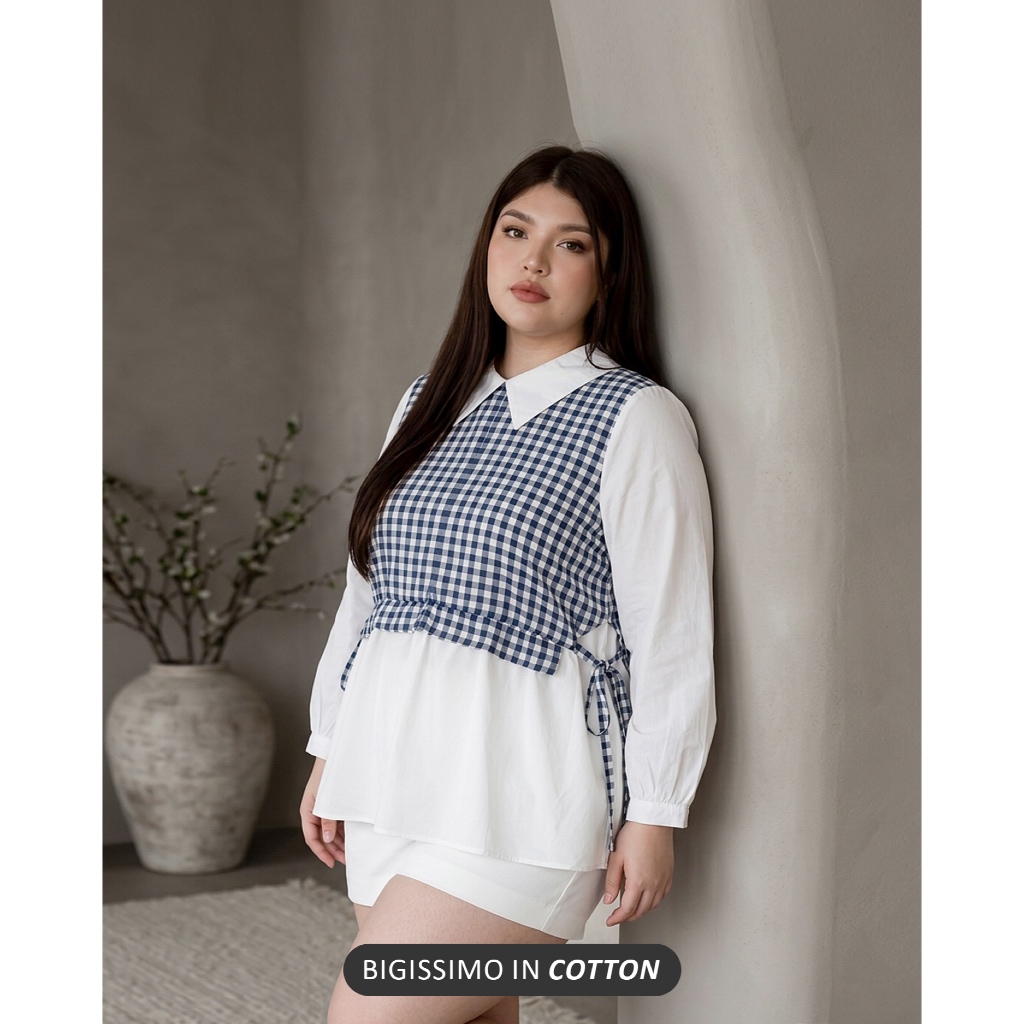 Bigissimo in Cotton - Aghni Blouse | Atasan Wanita Blouse Kemeja Cotton Motif Kotak Big Size Jumbo L