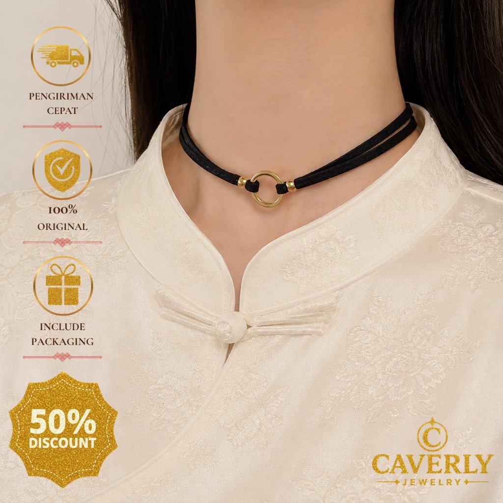 [BISA COD] Caverly Jewelry Kalung Choker Golden Suede | Kalung Choker Minimalis Dengan Kombinasi tal