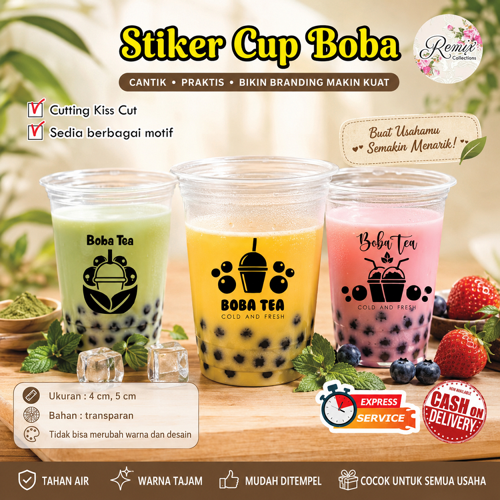 [117 pcs] STIKER TRANSPARAN CUP BOBA / LABEL KOTAK / TOPLES KEMASAN / BOTOL MINUMAN CUSTOM ANTI AIR