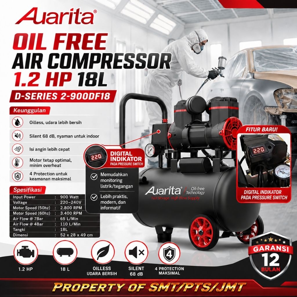 Auarita Kompresor Angin Bebas Oli 1.2Hp 18L Auarita  2-900DF18 Oil Free Air Compressor Silent