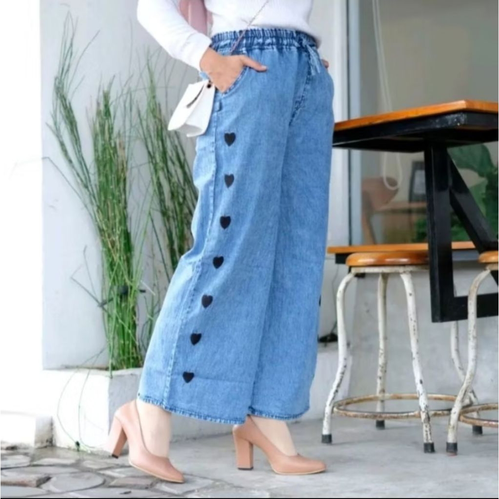 Celana jeans Rawis Love Celana kulot Wanita  Pinggang Karet Melar Remaja & Dewasa Bahan Jeans Levis