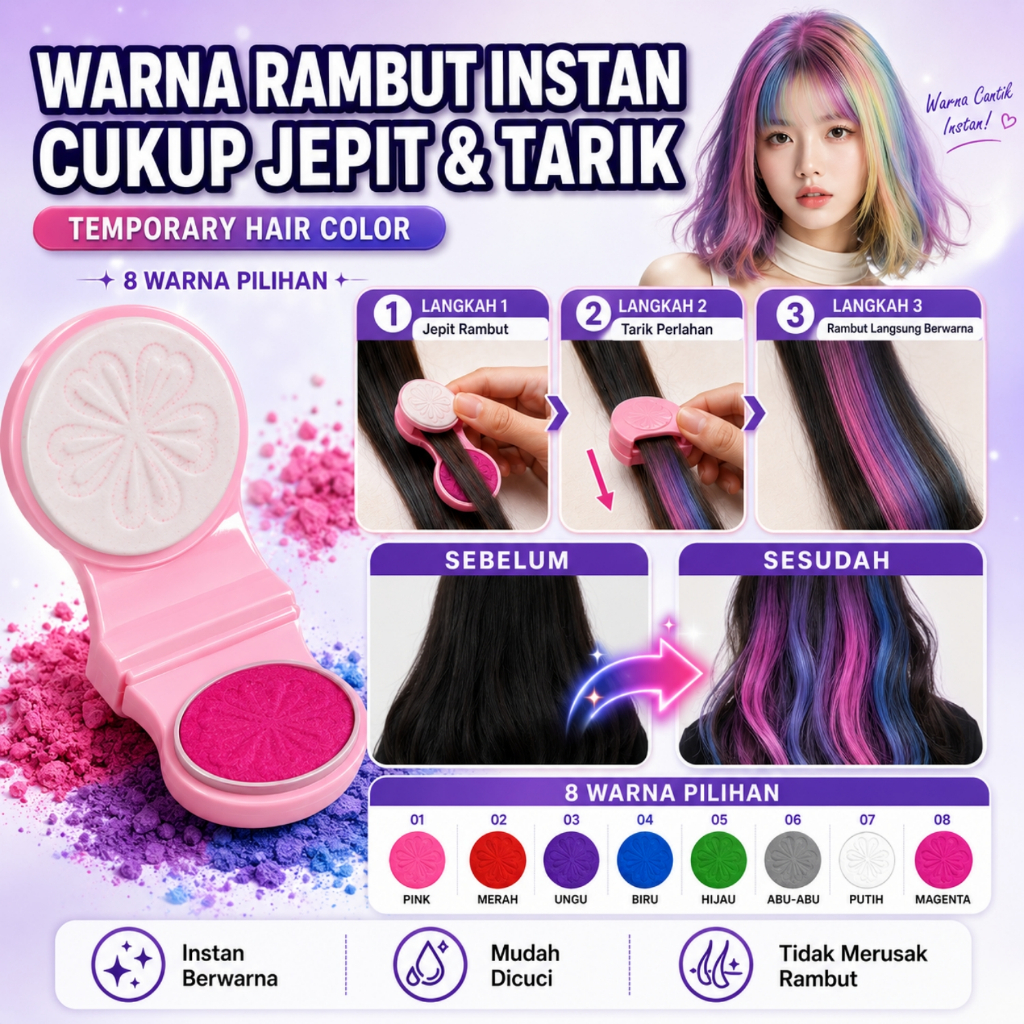 Pewarna Rambut Sementara Instan Tanpa Bleach Mudah Dicuci 8 Warna Pilihan Semua Jenis Rambut