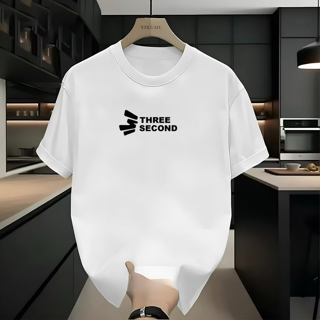 COD Kaos & Kemeja Logo Kecil THREE SECOND Putih, Kaos Polo Putih polos huruf hitam di dada kiri, des