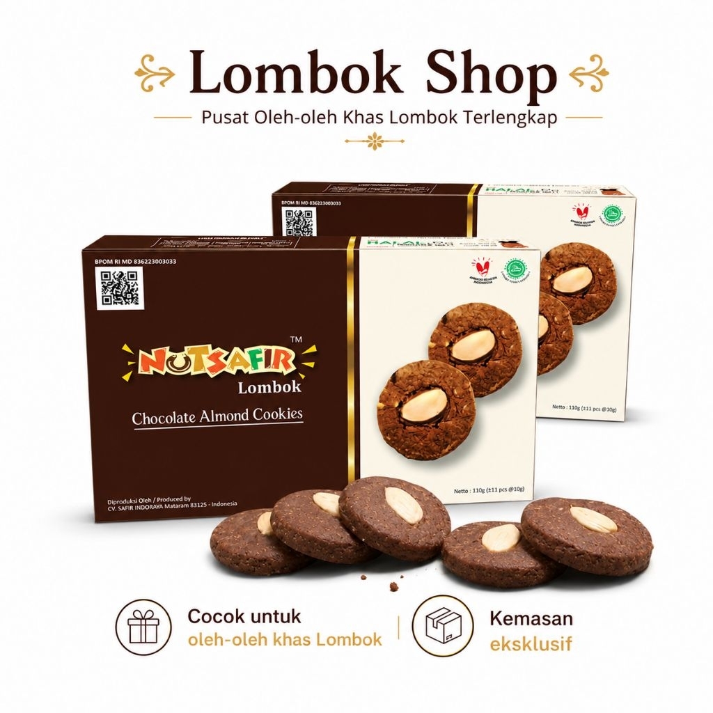 Nutsafir - Kukis Cokelat Almond Chocolate Almond Cookies 110 Gram | Oleh-oleh Khas Lombok