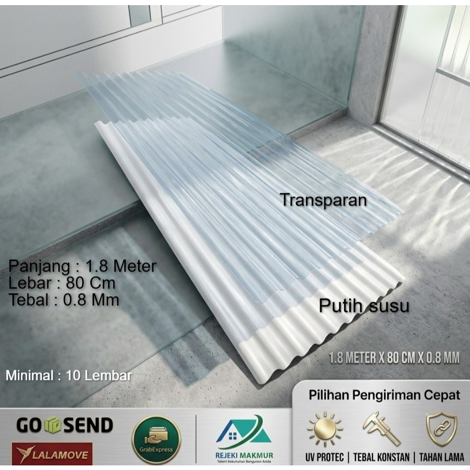 Fiber gelombang + UV pro 1.8 Meter x 80 cm x 0.8 mm warna putih susu / Atap fiber bening transparan 