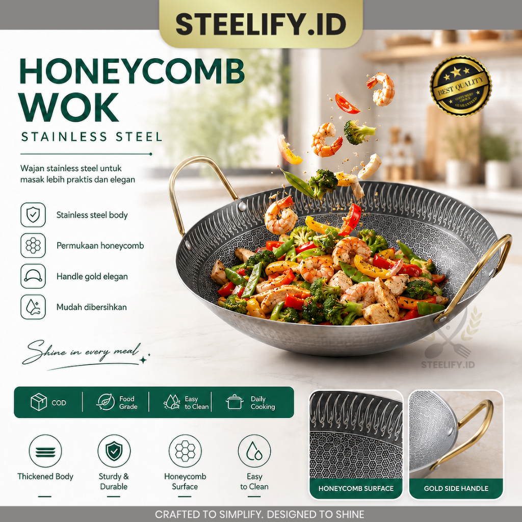 SUBRON Honeycomb Black Wok Premium Wajan Penggorengan Kuali Stainless Corak Anti Lengket Anti Gores 