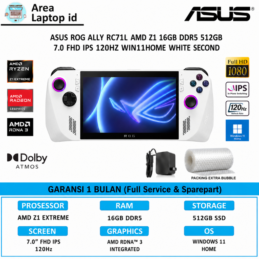ASUS ROG Ally RC71L AMD Z1 RAM 16GB SSD 512GB 7 Inch FHD 120Hz Windows 11 White Second Bergaransi