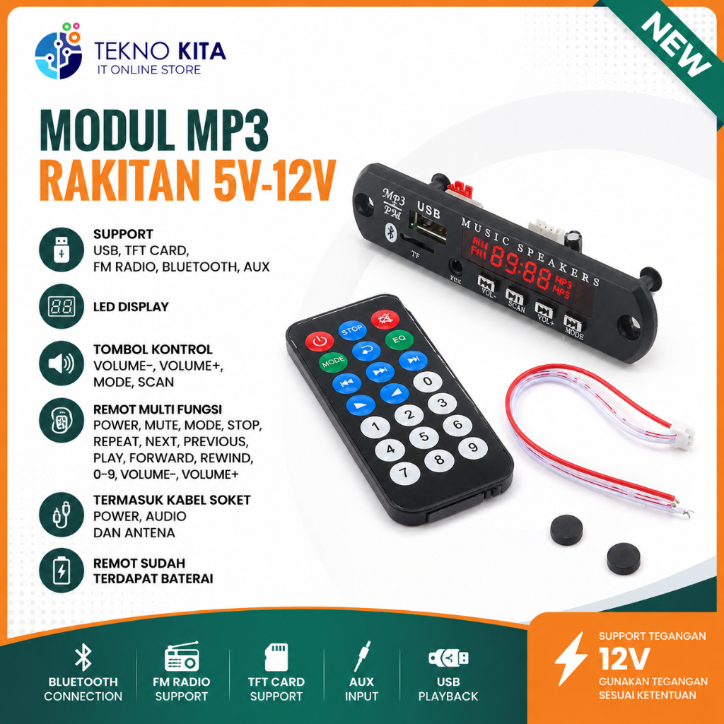 MODUL MP3 RAKITAN 12V - KIT MP3 PLAYER 12 VOLT BLUETOOTH AUX USB AUX BONUS REMOTE BERGARANSI