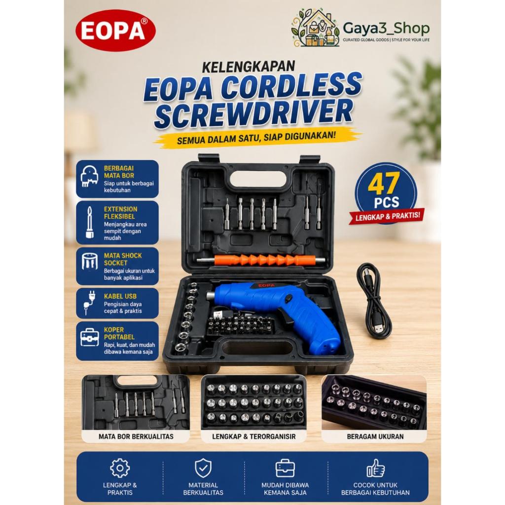EOPA Screwdriver Batre Obeng Profesional Tools/ Mesin Bor Cordless Mini Set 4.2v 47pcs