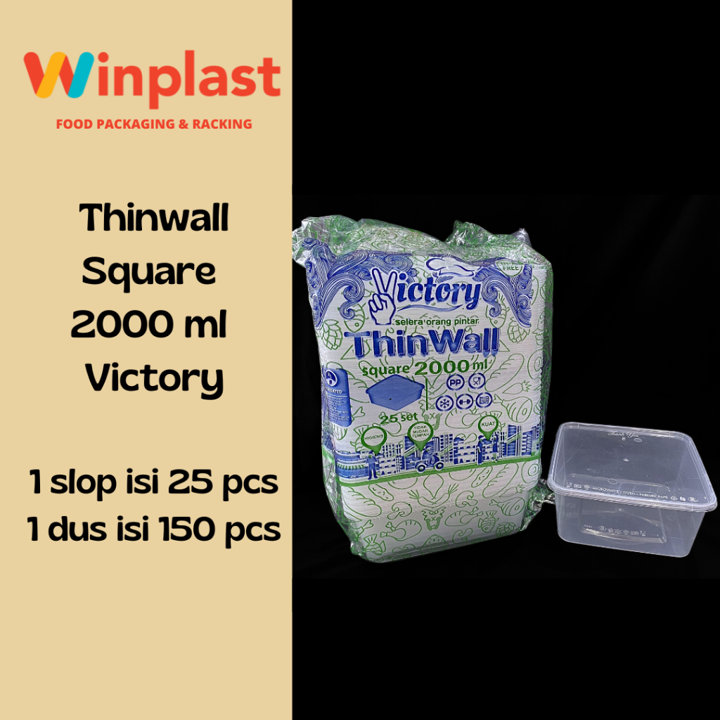 Victory Thinwall Square 2000 ml Warna Bening Isi 25 Pcs