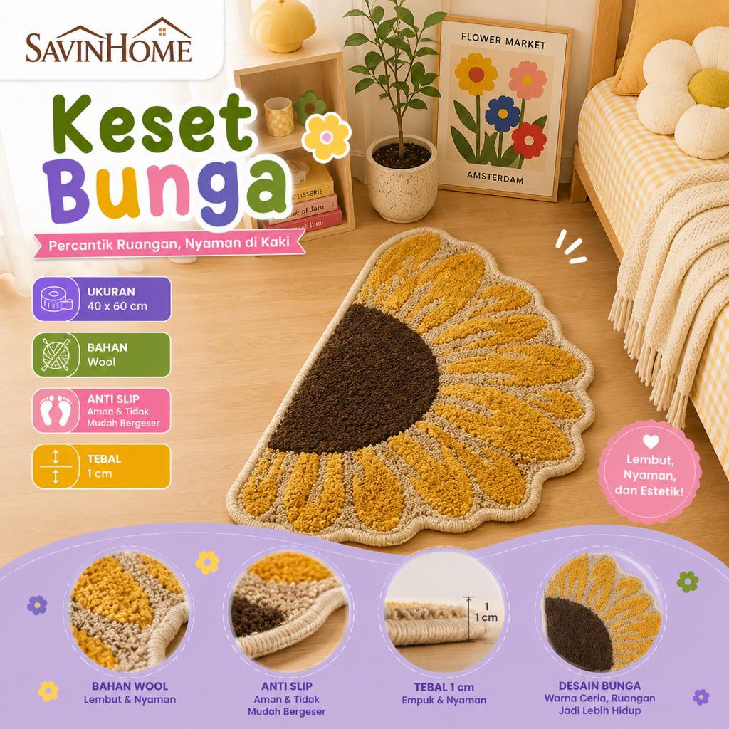SAVIN Keset Bunga Matahari 40x60cm | Keset Wool Anti Slip | Karpet Kamar Aesthetic Estetik Lucu