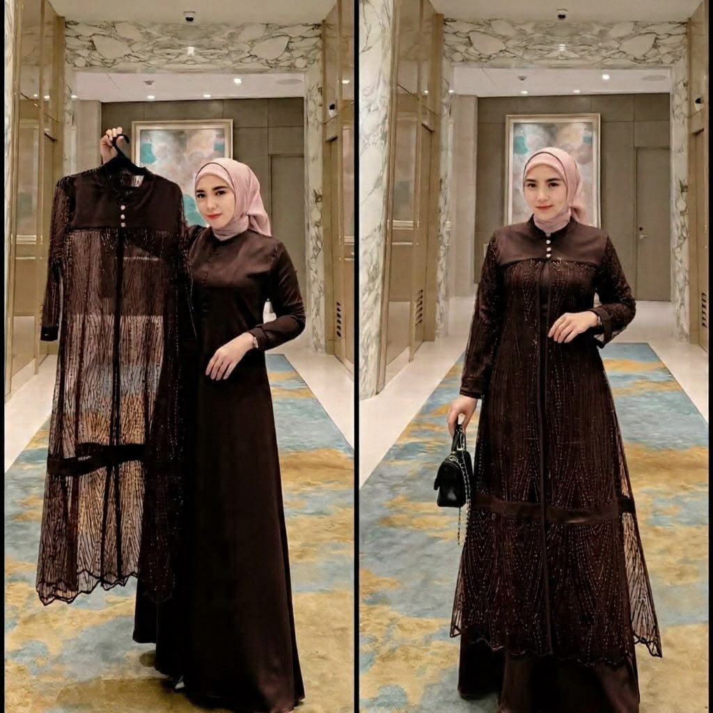 BAJU GAMIS 2026 MODEL TERBARU EVALIA DRESS GAMIS BRUKAT KONDANGAN OUTFIT GAMIS 2IN1 OUTER LEPAS PASA