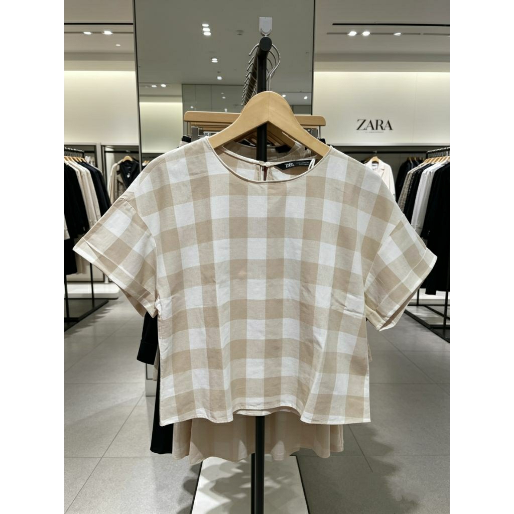 ZARA BLOUSE CROP KOTAK LENGAN STIK BALIK