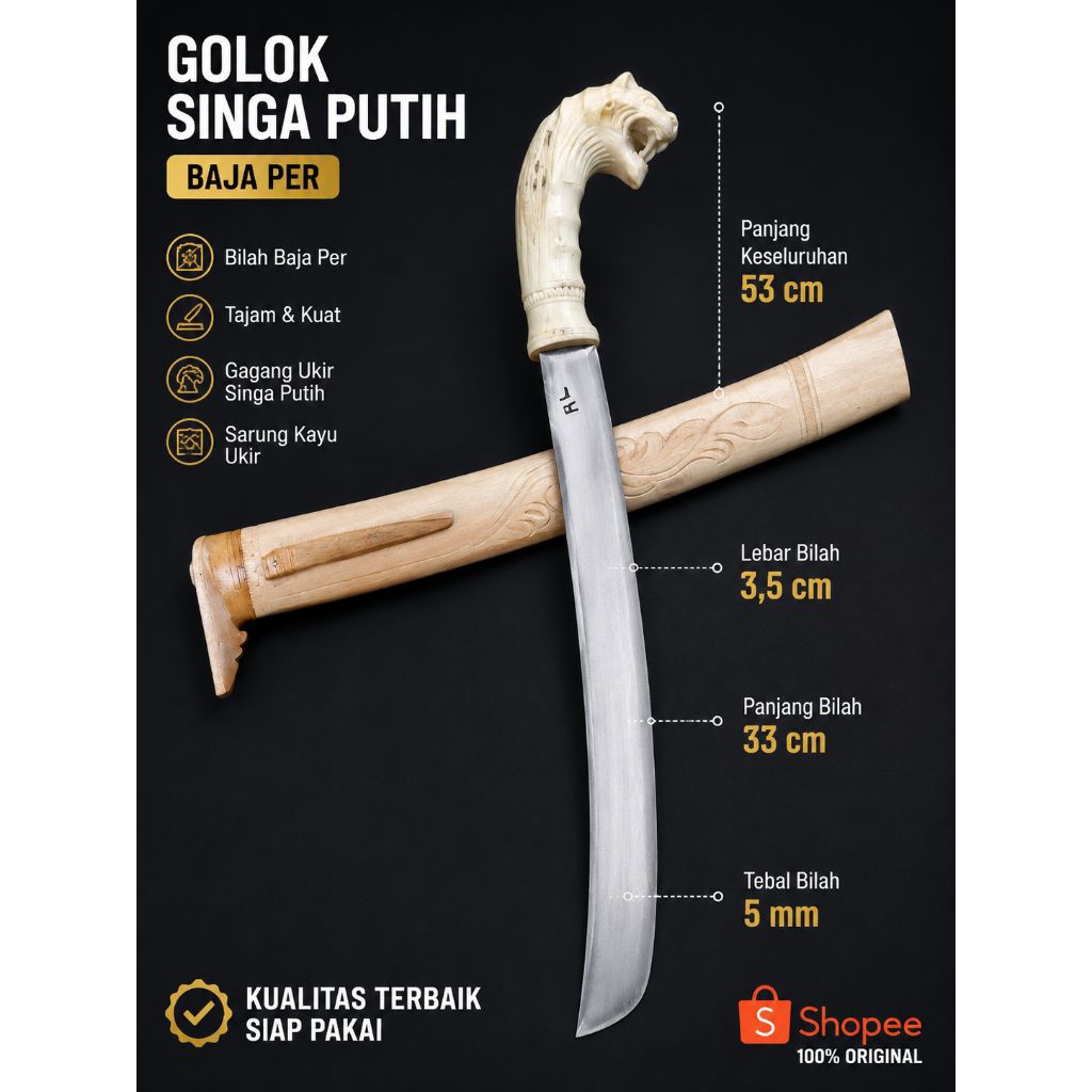 Golok Tebas Ukiran Singa Putih Kayu Jambu Batu - Bilah Baja Per Premium