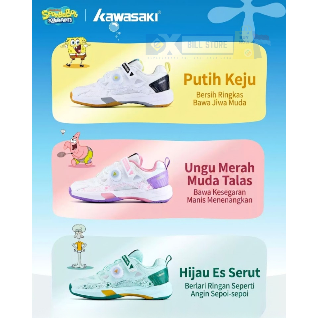 [KOLABORASI] Kawasaki Sepatu Bulutangkis Anak Spongebob Squarepants Kids velcro boa Badminton Shoes 