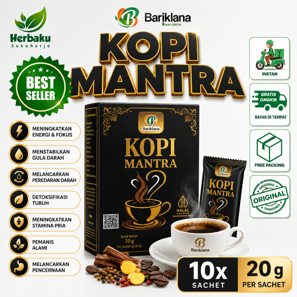 Kopi MANTRA Bariklana Kopi Sehat Rempah Herbal Jahe Merah, Gula Aren, Cabe Jawa, Halal BPOM BISA COD