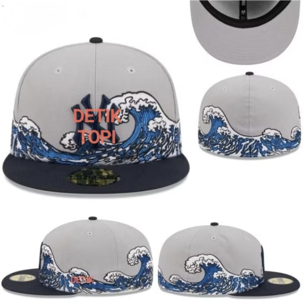 Topi Snapback Fitted NY New York Yankees Kanagawa Ombak Grey Navy Bordir Build Up Caps