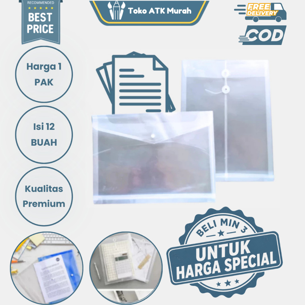 1 Pak Map Plastik Kancing Transparant / Map Plastik Tali Isi 12 Buah Untuk Dokumen Sekolah dan Kanto