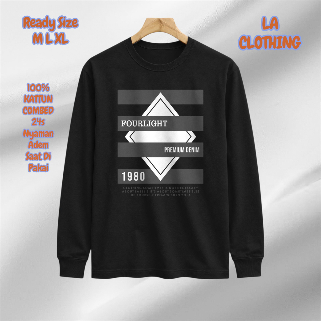 Kaos Lengan Panjang Hitam Fourlight 1980 Premium Denim 100% Katun Combed Nyaman