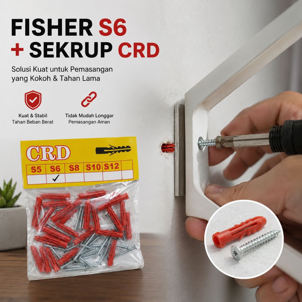 Fisher S6 + Sekrup CRD Universal | Wall Plug Plastik dan Sekrup | Kuat untuk Tembok Bata Beton Plest