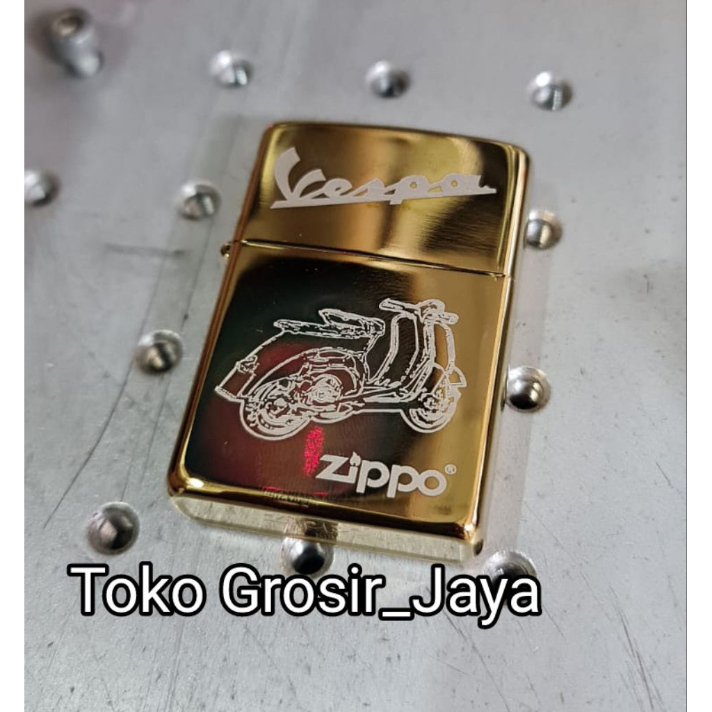 Zippo custom Korek Api Ukir Vespa Mesin Gold