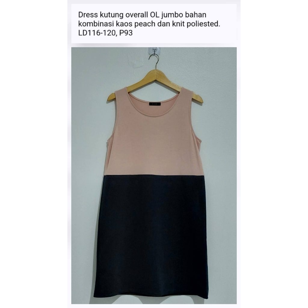 Preloved second Dress kutung overall OL jumbo bahan kombinasi kaos peach dan hitam knit poliester