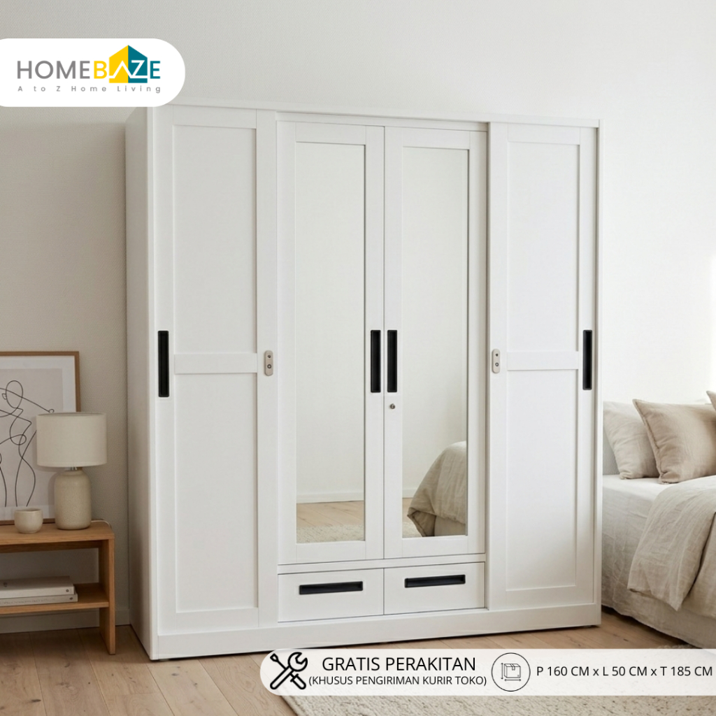 Homebaze - Lemari Besi 3 dan 4 Pintu Kaca Cermin + Laci, Lemari Anti Rayap, Jamur, Kokoh