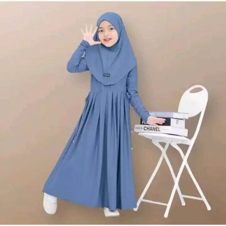 Gamis Anak Inara Serut Pinggang Denim S (1-2 Tahun) Bahan Jersey Lembut