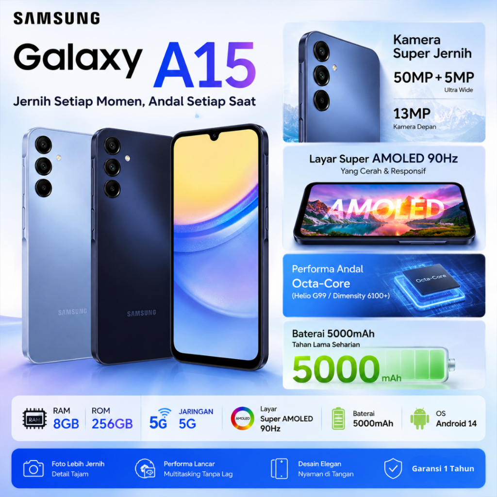 Samsung Galaxy A15 5G 8GB RAM 256GB - NEW BNIB Second , Garansi 1Tahun Layar Super AMOLED 6.5 Inci ,
