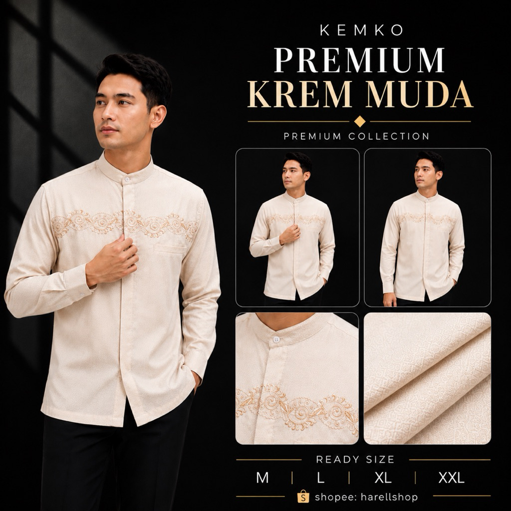 Kemko Premium Pria Lengan Panjang Krem Muda & Coklat | Baju Koko Modern Katun Adem | Koko Elegant Fo