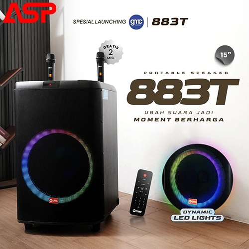 GMC Speaker Bluetooth Karaoke Speaker 15 Inch – 195W, LED Light, Gratis 2 Mic Wireless, USB, Aux GMC