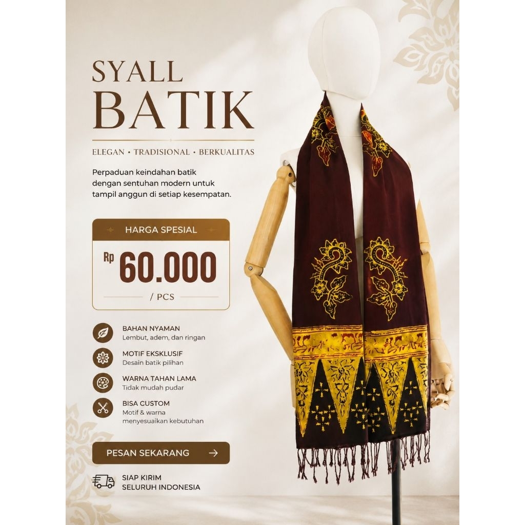 Syal Batik Premium Maroon Elegan Motif Klasik Handmade – Scarf Wanita Fashion Etnik Eksklusif