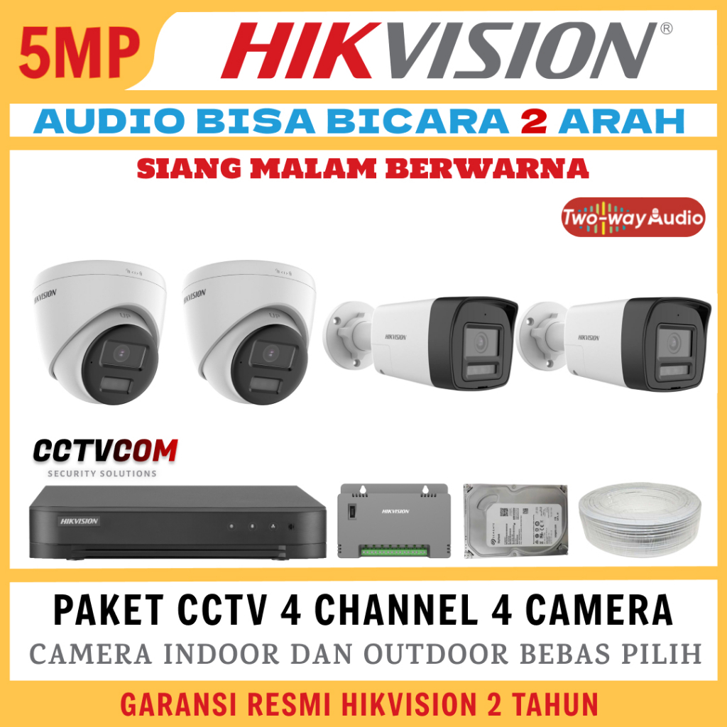 PAKET CCTV HIKVISION COLORVU 4 CHANNEL 4 CAMERA 5MP 3K TURBO HD COLORFULL